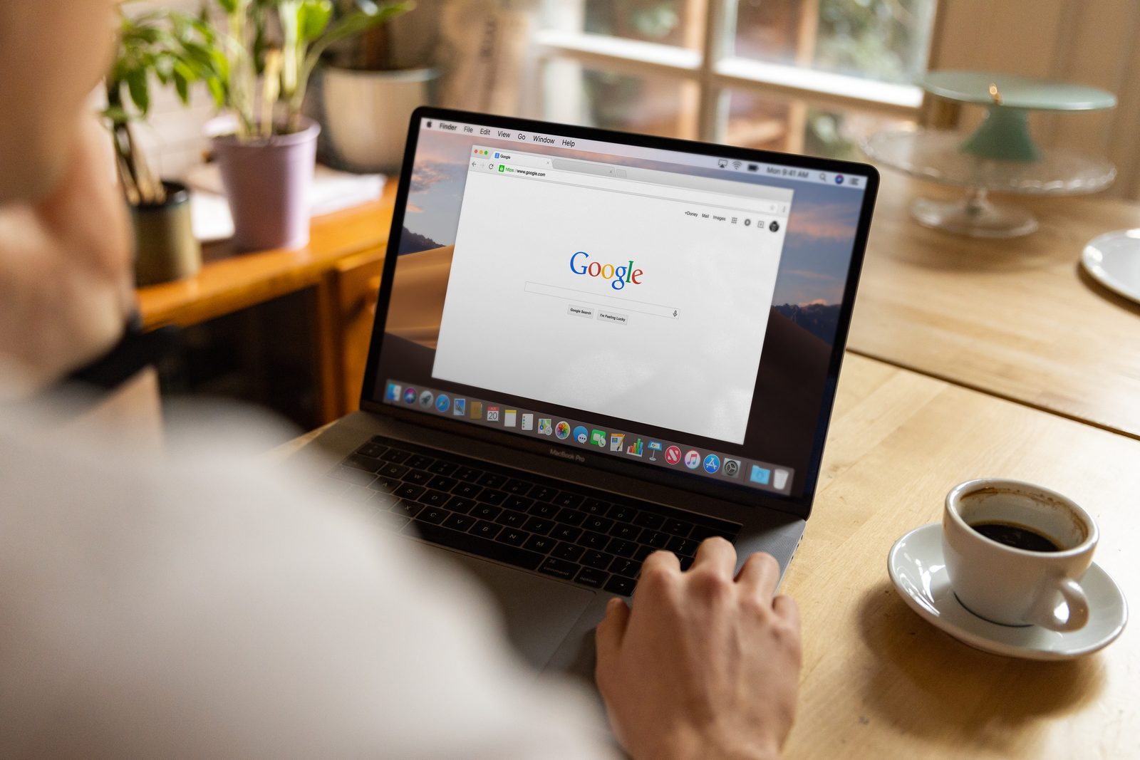 Person at a laptop with the search page open, ready to look something up